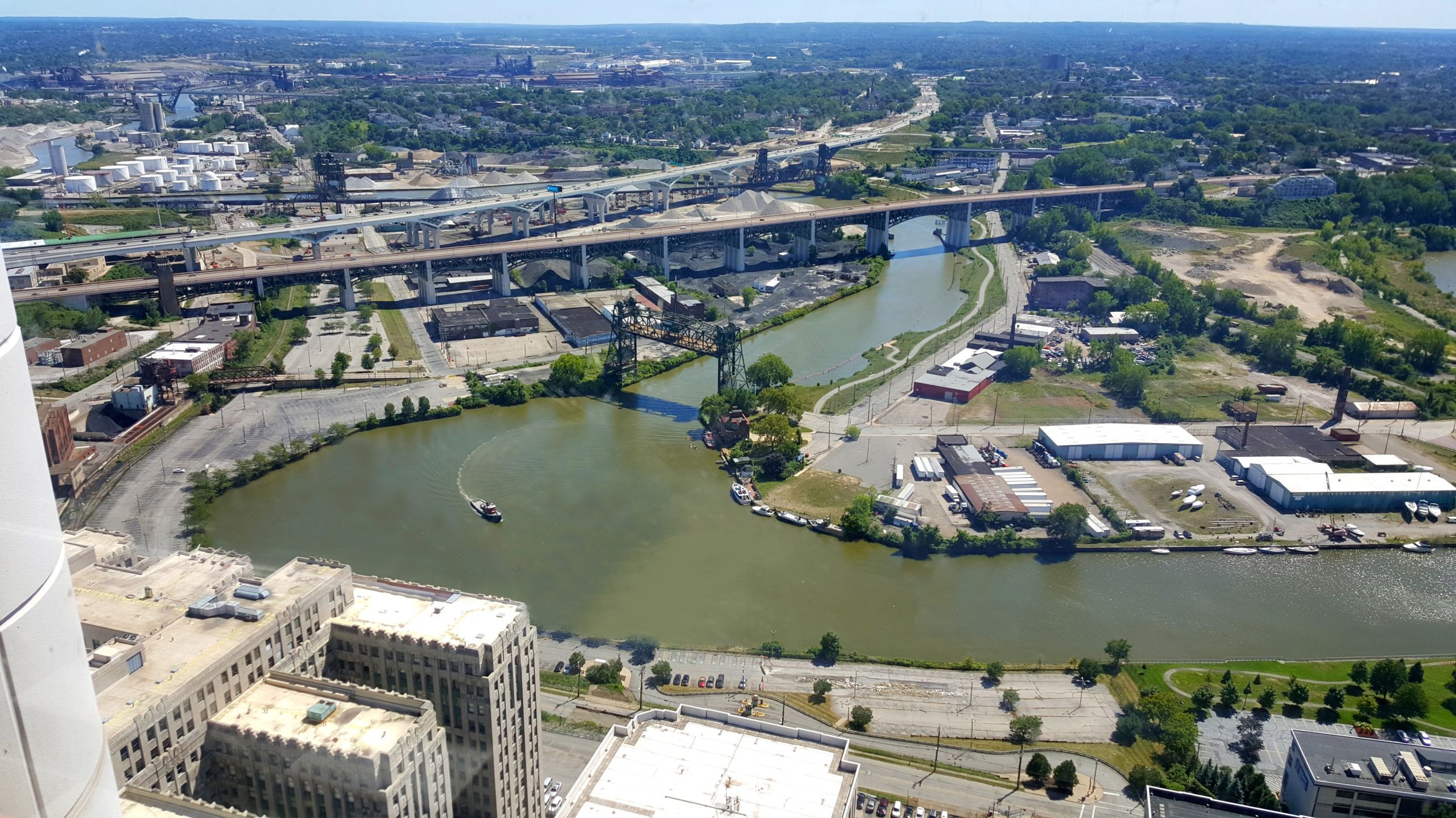 Collision Bend in the Cuyahoga River in downtown Cleveland, Ohio Aerial view of the Cuyahoga River in downtown Cleveland, Ohio, a river surrounded by urban infrastructure.